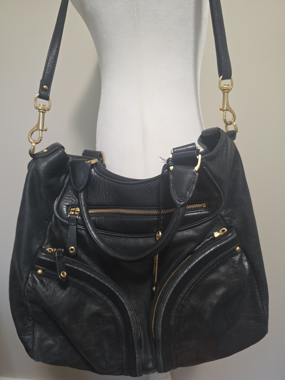 Cole Haan Black Slouchy Leather Shoulder Crossbody Bag Hobo Gold Hardware
